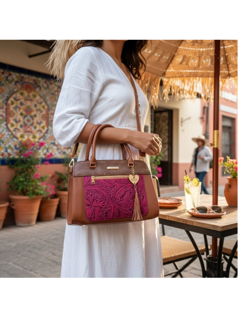 Deep Magenta Brown FLORAL Tasseled Embossed Tooled Artisan LEATHER Purse Bag